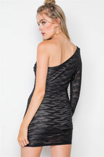 Black Plain Asymmetric Shoulder Long Sleeve Mini Dress