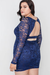 Plus Size Navy Lace Open Back Bodycon Mini Dress