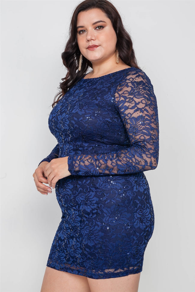 Plus Size Navy Lace Open Back Bodycon Mini Dress