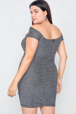 Plus Size Silver Ruched Draw String Center Mini Glitter Dress