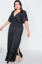Plus Size Black V-Neck Satin Kimono Sleeve Maxi Dress  /2-2-2