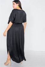 Plus Size Black V-Neck Satin Kimono Sleeve Maxi Dress  /2-2-2