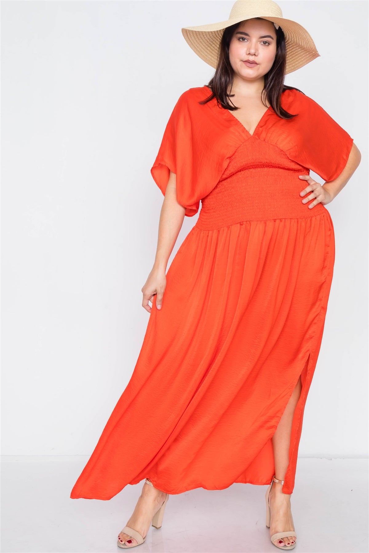 Plus Size Coral V-Neck Satin Kimono Sleeve Maxi Dress