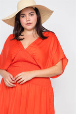 Plus Size Coral V-Neck Satin Kimono Sleeve Maxi Dress