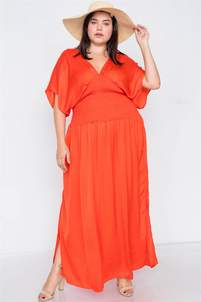 Plus Size Coral V-Neck Satin Kimono Sleeve Maxi Dress