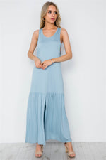 Blue Basic Shirred Hem Front Slit Maxi Dress