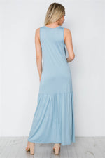 Blue Basic Shirred Hem Front Slit Maxi Dress