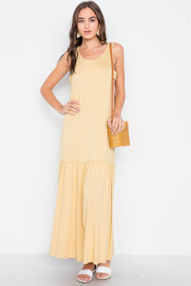 Mustard Basic Shirred Hem Front Slit Maxi Dress