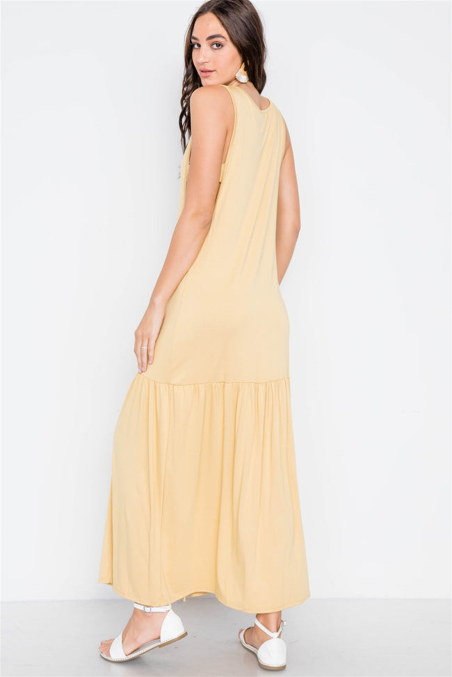 Mustard Basic Shirred Hem Front Slit Maxi Dress