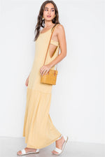 Mustard Basic Shirred Hem Front Slit Maxi Dress