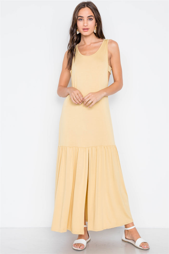 Mustard Basic Shirred Hem Front Slit Maxi Dress