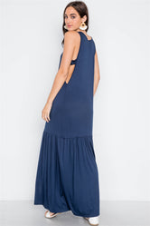 Navy Basic Shirred Hem Front Slit Maxi Dress