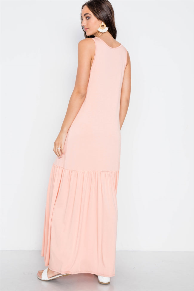 Pink Basic Shirred Hem Front Slit Maxi Dress