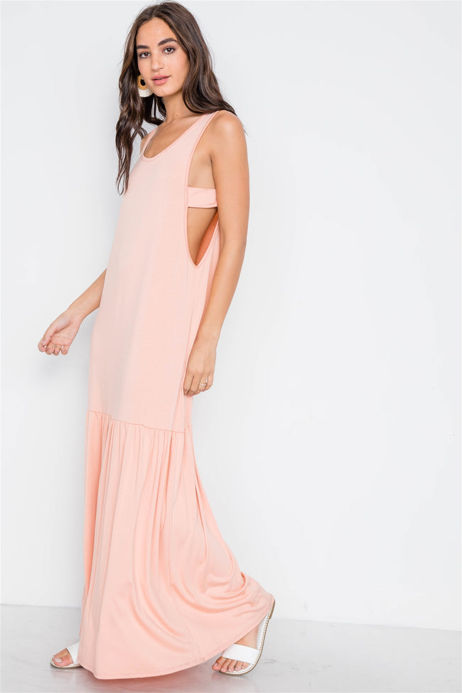 Pink Basic Shirred Hem Front Slit Maxi Dress