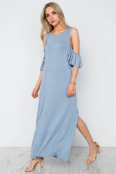 Light Blue Cold Shoulder Side Slit Maxi Basic Dress