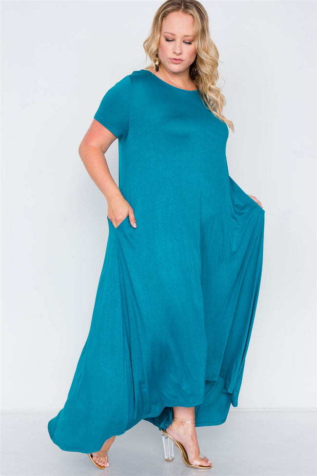 Plus Size Teal Basic Short Sleeve Maxi Dress