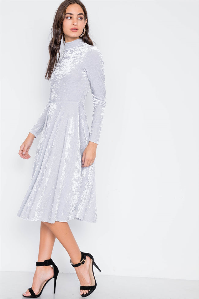 Light Grey Velvet Long Sleeve A-Line Midi Evening Dress
