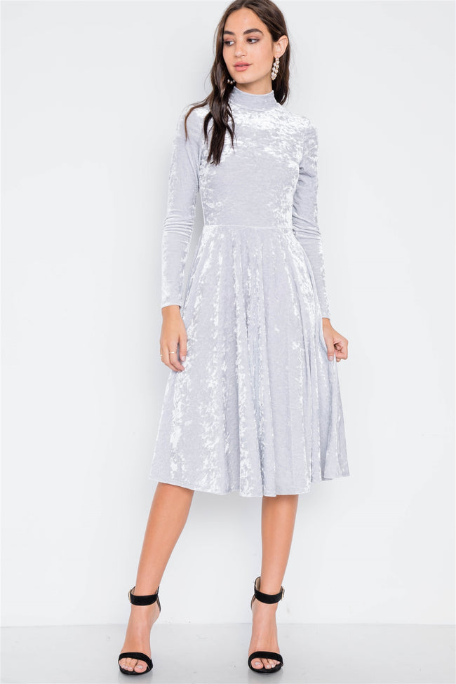 Light Grey Velvet Long Sleeve A-Line Midi Evening Dress