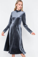Charcoal Velvet Long Sleeve A-Line Midi Evening Dress