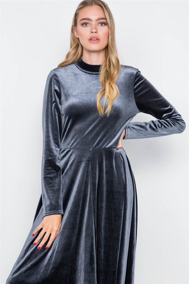 Charcoal Velvet Long Sleeve A-Line Midi Evening Dress