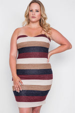 Plus Size Multi Stripe Strapless Bodycon Mini Dress
