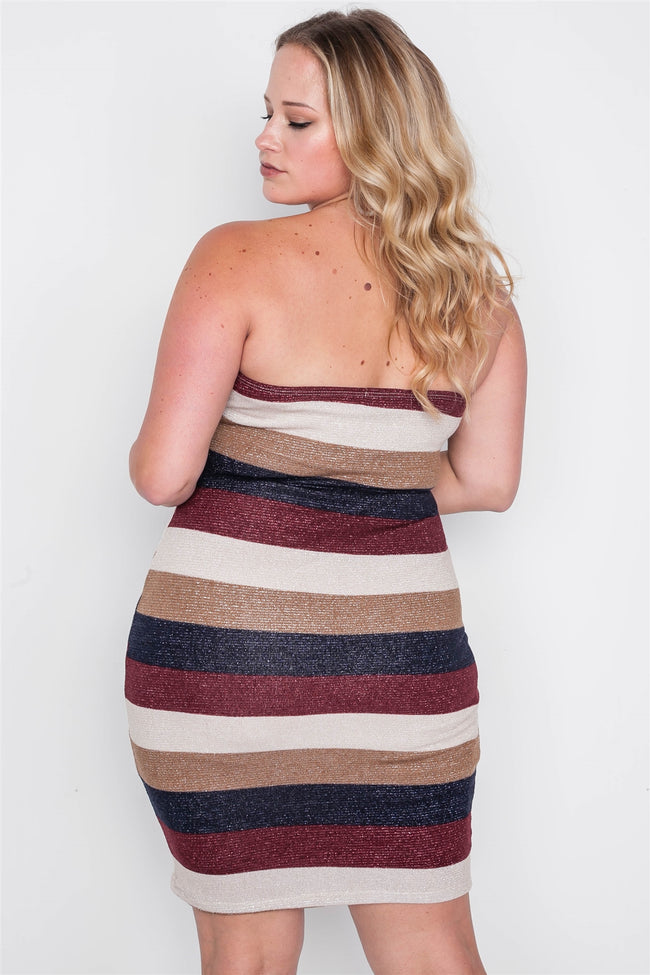 Plus Size Multi Stripe Strapless Bodycon Mini Dress