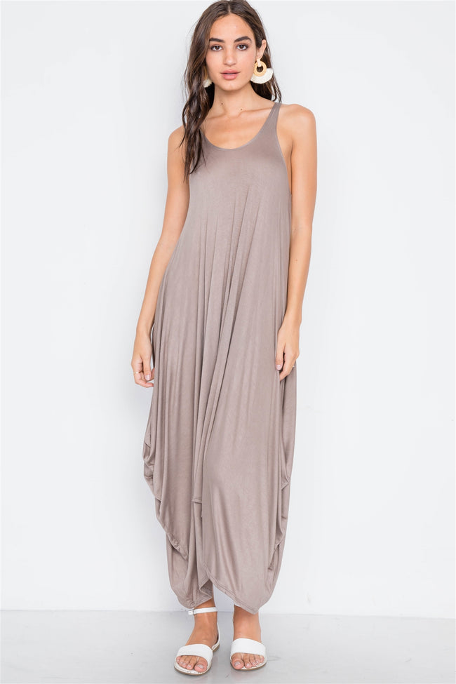 Light Brown Basic Loose Fit Sleeveless Midi Dress