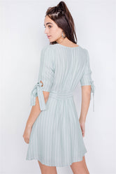 Mint & White Stripe Casual Office Chic 3/4 Bow Sleeve Mini Dress