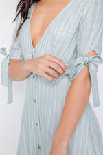 Mint & White Stripe Casual Office Chic 3/4 Bow Sleeve Mini Dress