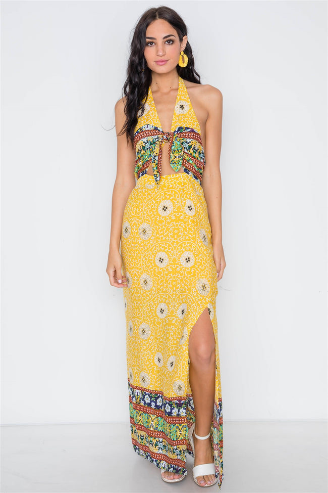 Yellow Floral Paisley Print Site Slits Maxi Dress