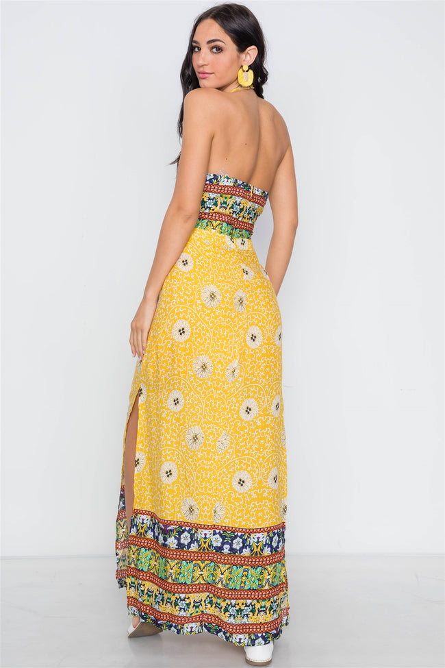 Yellow Floral Paisley Print Site Slits Maxi Dress