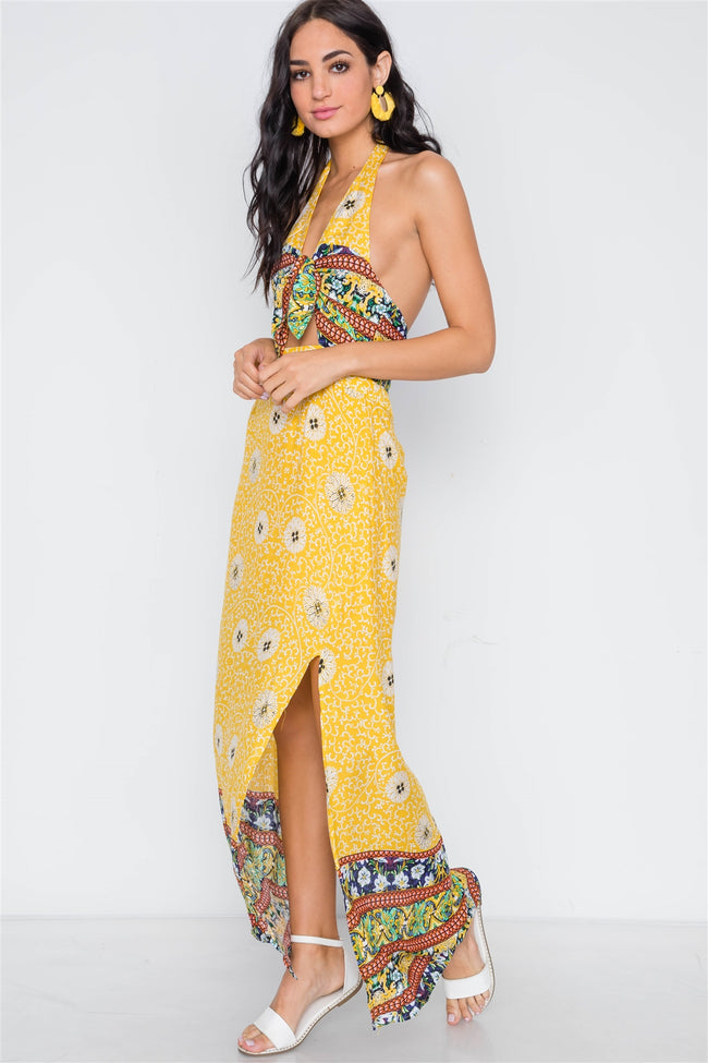 Yellow Floral Paisley Print Site Slits Maxi Dress