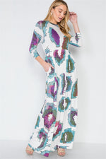Off White 3/4 Sleeve Watercolor Printed Maxi Dress