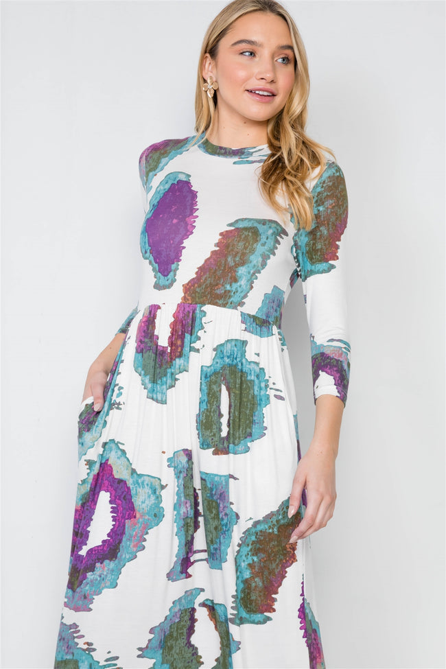 Off White 3/4 Sleeve Watercolor Printed Maxi Dress