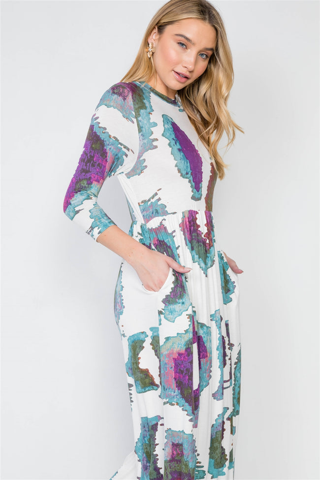 Off White 3/4 Sleeve Watercolor Printed Maxi Dress