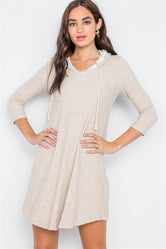 Beige 3/4 Sleeve Knit Hooded Mini Dress