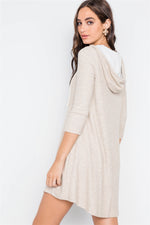 Beige 3/4 Sleeve Knit Hooded Mini Dress