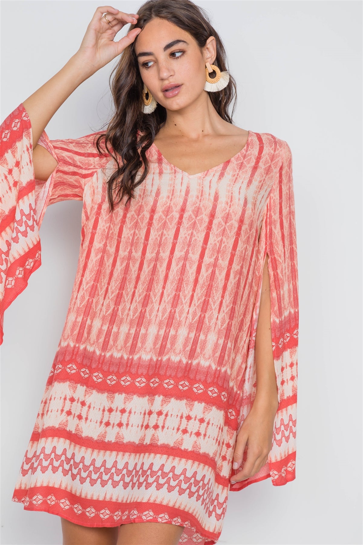 Coral Geo Print Long Slit Sleeves Boho Tunic Dress