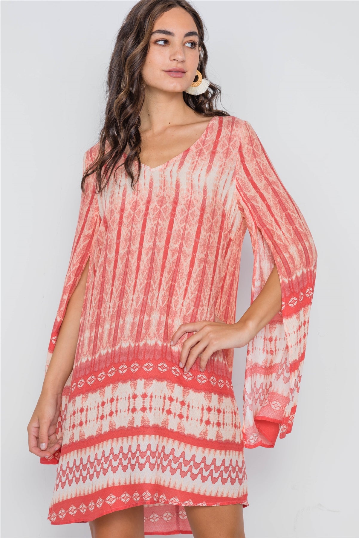 Coral Geo Print Long Slit Sleeves Boho Tunic Dress