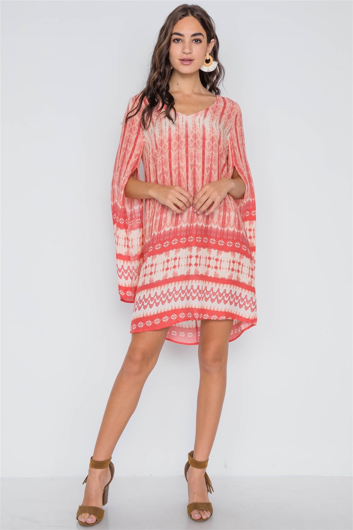 Coral Geo Print Long Slit Sleeves Boho Tunic Dress