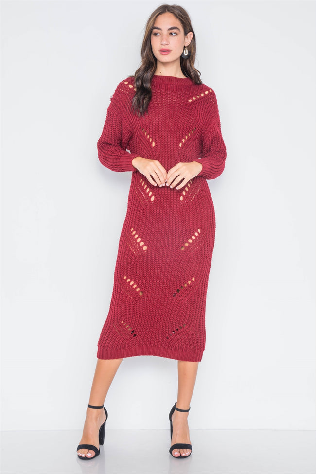 Burgundy Chunky Knit Long Sleeve Sweater Dress