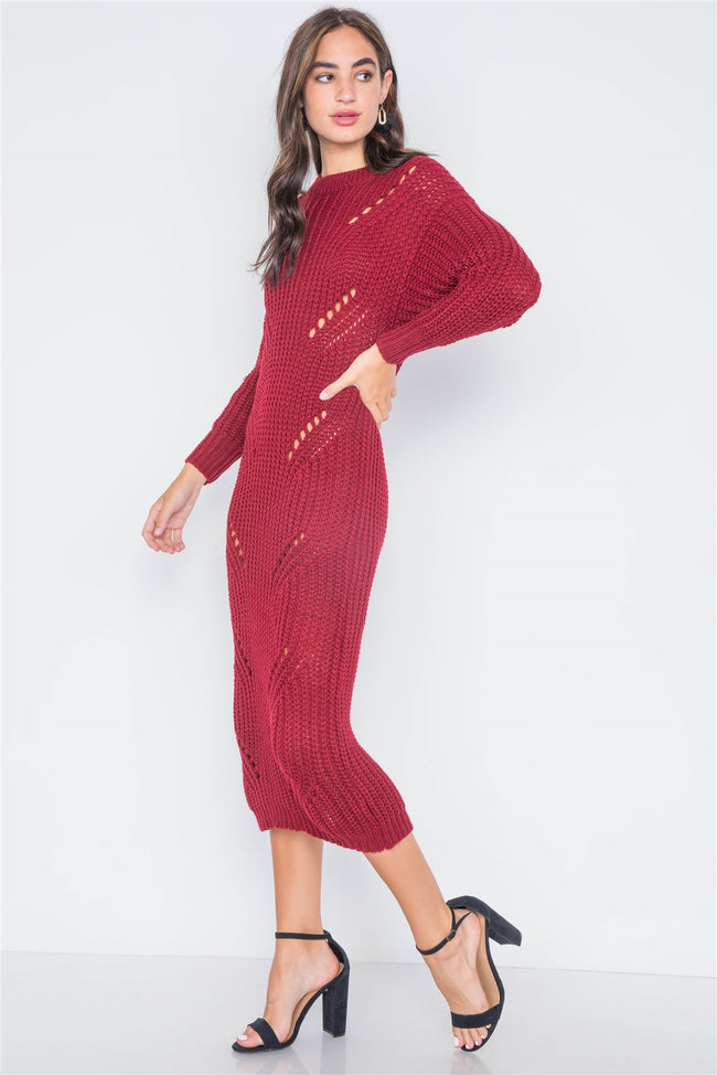 Burgundy Chunky Knit Long Sleeve Sweater Dress