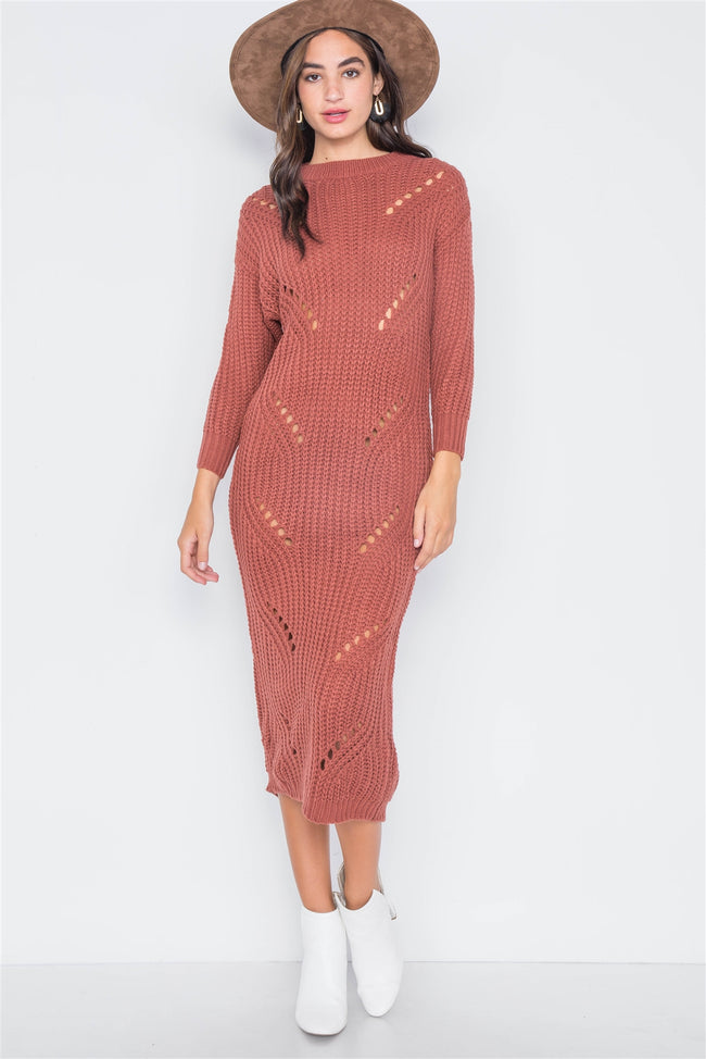 Rust Chunky Knit Long Sleeve Sweater Dress