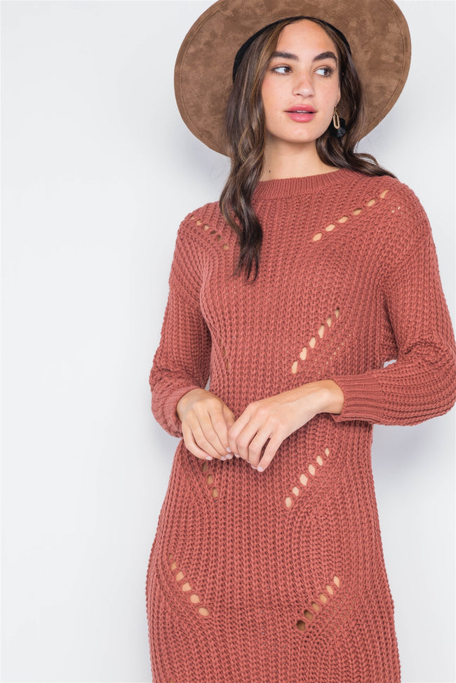 Rust Chunky Knit Long Sleeve Sweater Dress