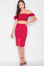Red Polkadot Printed Ruched Crop Top & Midi Skirt Set