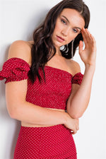 Red Polkadot Printed Ruched Crop Top & Midi Skirt Set