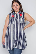Plus Size Navy White Stripe Sleeveless Shirt Dress