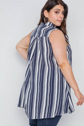 Plus Size Navy White Stripe Sleeveless Shirt Dress