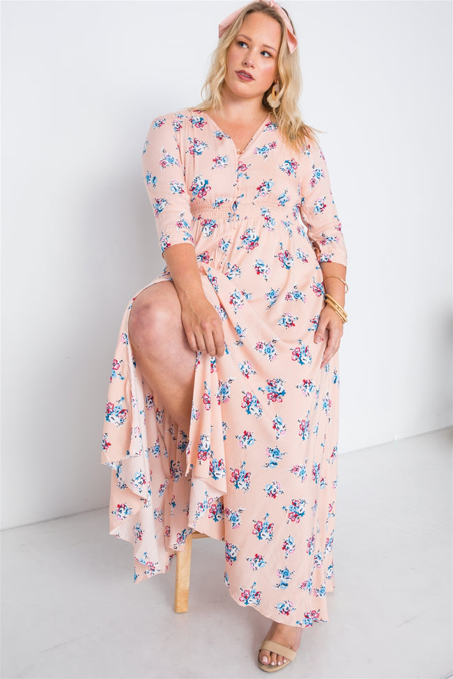 Plus Size Pink Floral Button Down Maxi Dress