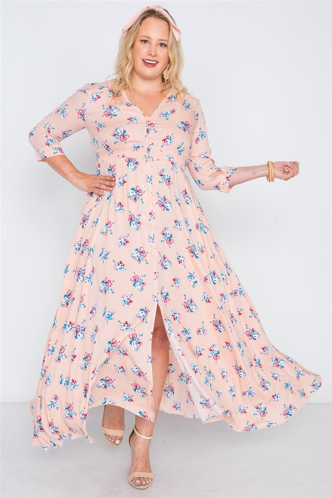 Plus Size Pink Floral Button Down Maxi Dress